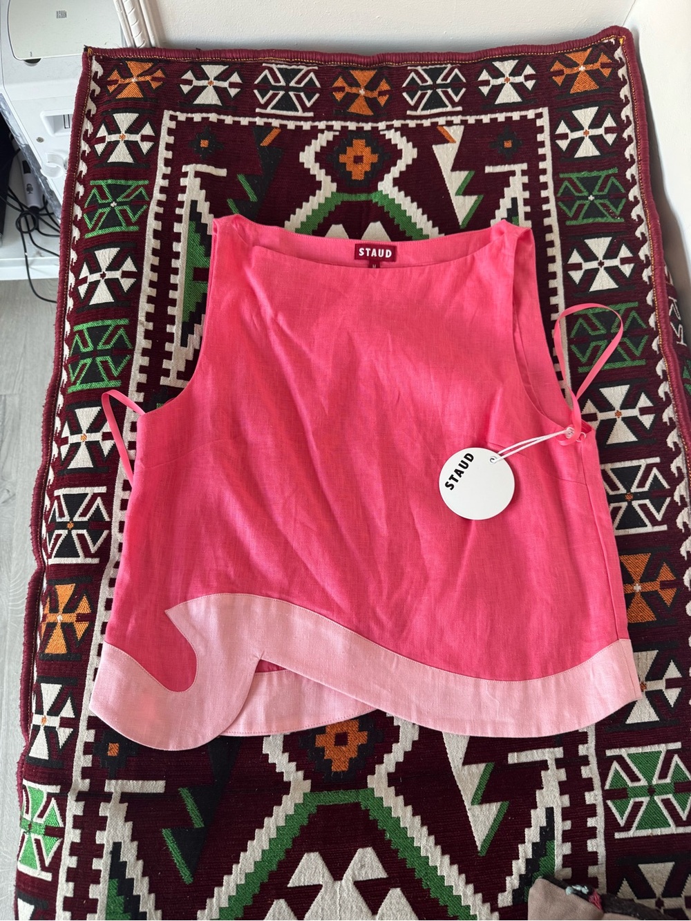 STAUD Hot Pink Two-Tone Linen-Blend Top with Light Pink Hem